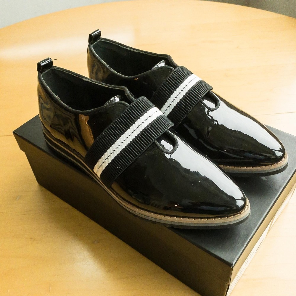 Marzella Loafers‎ Women 36.5 Black Patent Elastic Band Flat Italy Design BAND